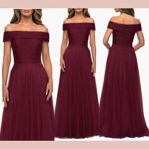 NWT $575 La Femme [ 10 ] Embellished‎ Off the Shoulder Mesh Gown Burgundy Red